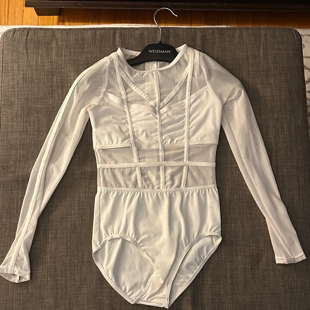 Weissman Sheer White Long Sleeve Leotard